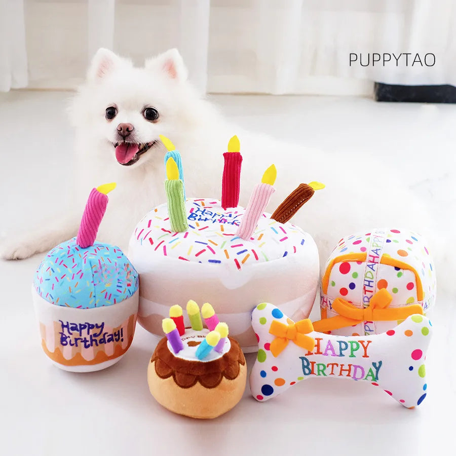 Pet Dog Toy Cute Birthday Cake Squeaky Toys Bite Resistant Bone Shape Stuffed Toy Cat Puppy Chew Toy Interactive Dog Accessories